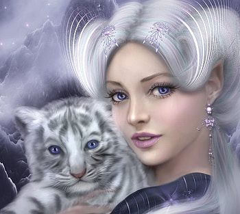 Girl with snow leopard, blue, winter, animal, white, cub, cute, girl, snow leopard, fantasy, iarna, face HD wallpaper