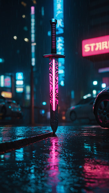 Futuristic Cyberpunk Sword with Pink Neon Glow in Rainy City HD phone wallpaper