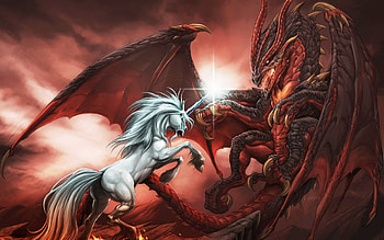 dragon wars, fighting, claws, unicorn, dragon, redsky HD wallpaper