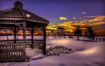 Gazebo At Sunset, snow, wnter, colors, landscape, clouds, sky, evening HD wallpaper