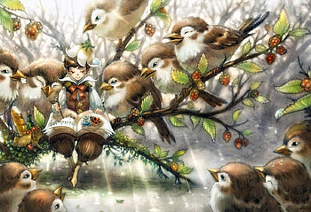 Song of the Sparrows, book, boy, art, branches, flowers, writing, sparrows HD wallpaper