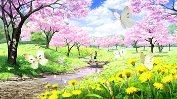 Anime anime anime girls long hair short hair butterfly cherry blossom HD wallpaper