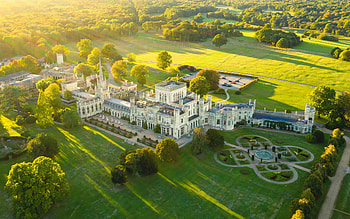 Palace in England, trees, fields, England, palace, aerial HD wallpaper