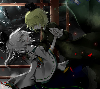 So Long..., silver hair, aymmogh, tears, ponytail, petals, crying, short hair, blood, hat, pixiv id 3219765, skirt, soga no tojiko, lightning, tate eboshi, anime, touhou, mononobe no futo, green hair HD wallpaper