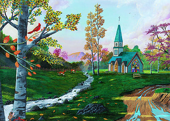 Stained Glass Chapel, painting, path, trees, sky, nature, church, arwork HD wallpaper
