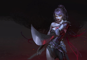 Fantasy girl, fighter, girl, warrior, dark, blue, black, art, tangyuan, fantasy, red, luminos HD wallpaper