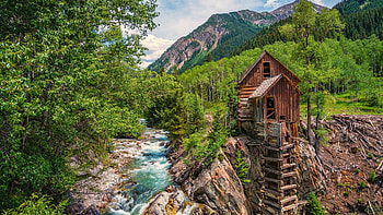 Crystal Mill, Colorado, creek, landscape, watermill, mountains, rocks, usa, stones HD wallpaper