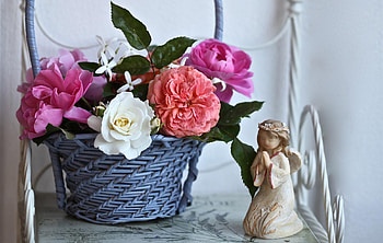 Flowers, Roses, Basket, Angel, Figurine HD wallpaper