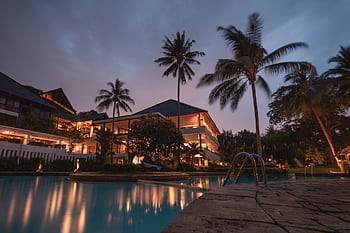 Luxurious tropical resort with swimming pool and palms at dusk, perfect for a tranquil vacation. HD wallpaper