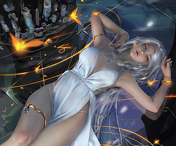 Beauty, white, frumusete, art, shiwen liu, girl, elf, manlf, fantasy, luminos HD wallpaper