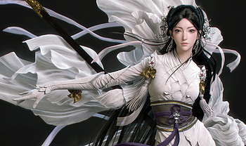 Princess, kimono, cute, long hair, beauty, lady, abstract, fantasy woman, female, golden, white, sword, beautiful, black hair, woman, fantasy, pretty, lovely HD wallpaper