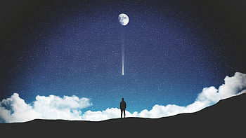 Moon, starry sky, silhouette, falling stars HD wallpaper