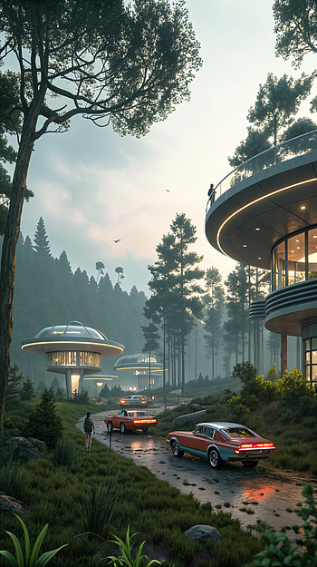Retro Futurism: A Scenic Adventure, futuristic, forest, UFO HD phone wallpaper