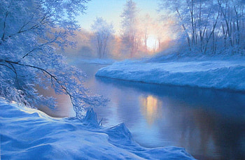 Misty Morning, river, snow, trees, sun, sunrise HD wallpaper