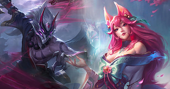 Master Yi and Ahri, ben kawrence, pink, fantasy, lol, ahri, girl, fox, master yi, ben lawrence HD wallpaper