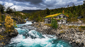 House by the stream, sky, rocks, trees, landscape, clouds, cascades HD wallpaper
