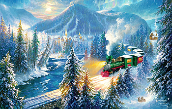 Mountain Christmas Train, artwork, steamtrain, winter, painting, snow, railways, trees HD wallpaper