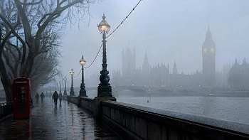 Misty Riverside Dawn —, London, Big Ben, Lamp Post, Fog HD wallpaper