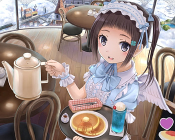 Wings Cafe, chair, cute, angel, dress, nice, wing, yummy, adorable, female, teapot, wings, table, pie, sweet, delicious, girl, food, kawaii, anime girl, maid, cafe, anime, pretty, pancake, brown hair, gown, lovely HD wallpaper