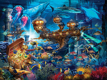 Underwater, ship, treasure, art, pictura, fish, water, dolphin, blue, painting HD wallpaper