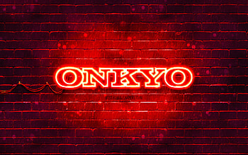 Onkyo red logo, , red brickwall, Onkyo logo, brands, Onkyo neon logo, Onkyo HD wallpaper
