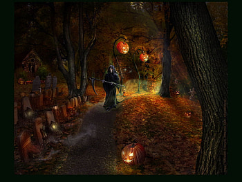 Reapers Path, sickle, jack o lantern, woods, path HD wallpaper