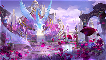 Fantasy, blue, pink, tianchao, bird, petals, world, swan HD wallpaper