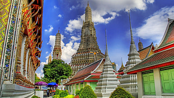 temple in bankok thailand r, clouds, trees, r, temple HD wallpaper
