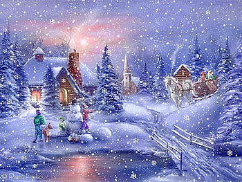 Let it snow, dog, winter, pathway, people, houses, horses, sleigh, snow, lights, trees, christmas time, pond HD wallpaper