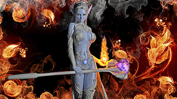 Fantasy girl, staff, fantasy, art, fire, woman HD wallpaper