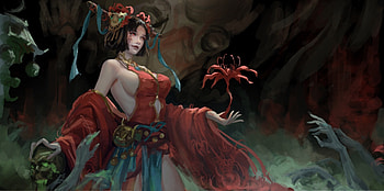 Fantasy girl, sorceress, art, fantasy, red, girl, fumi HD wallpaper