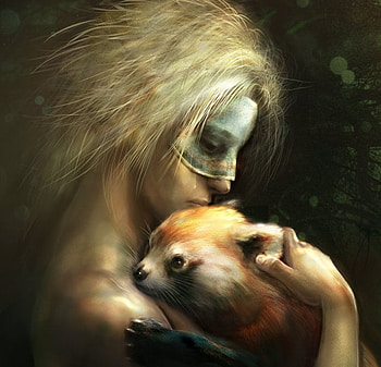 Golden Panda, animal, golden, cg, fantasy, love, digital art, female, panda HD wallpaper