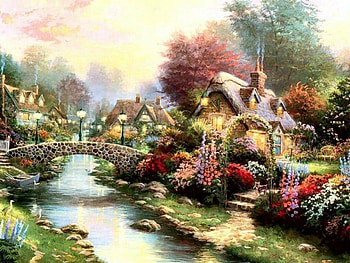 lamp light bridge, flowers, cottages, lake, pond HD wallpaper