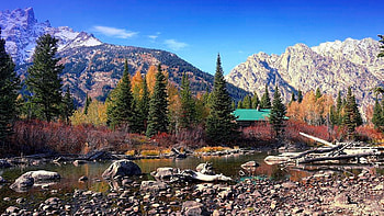 Wyoming Mountain Cabin, trees, sky, rocks, usa, stones HD wallpaper