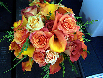 Wedding bouquet, stems, leaves, roses, green, bubch, colors, nice HD wallpaper
