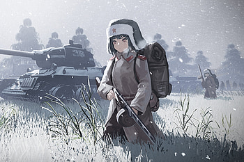 War, solider, anime girl, art HD wallpaper