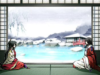 Anime girls, winter, anime, window, girl, lake HD wallpaper