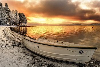 Landscape, Nature, Sunset, Snow, Lake, Shore, Bank, Boat HD wallpaper