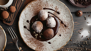 Truffle on a plate with chocolate, truffle, chocolate, plate, table, decorative HD wallpaper