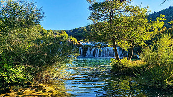 Krka National Park, Croatia, river, island, landscape, mediterranean, trees, sky, stones HD wallpaper
