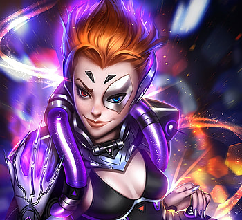 Moira, ayyasap, girl, orange, purple, pink, fantasy, overwatch, face, game, luminos HD wallpaper