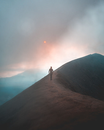 Nature, Sky, Mountain, Vertex, Top, Privacy, Seclusion, Fog, Human, Person, Loneliness HD phone wallpaper