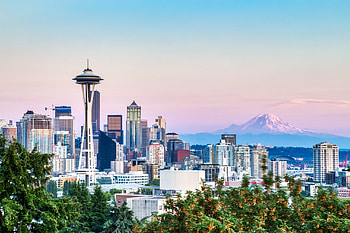 Seattle Skyline, Cityscape, Mt Rainier, Sunset HD wallpaper