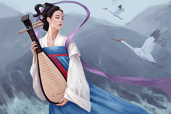 Fantasy girl, blue, frumusete, bird, asian, gorgeous, crane, girl, yang hong fun, superb, instrument, fantasy, luminos, pasari HD wallpaper