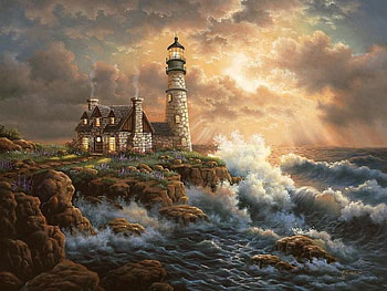 Lighting the Course, lighthouse, house, chimneys, grass, rocks, walkway, crashing waves, smoke, clouds, sun raise, cliff, water HD wallpaper