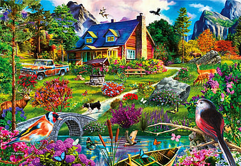 Cottage on the Hill, summer, boat, birds, house, garden, trees, flowers, water, painting HD wallpaper