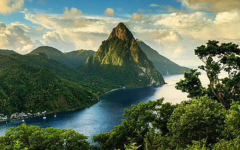 The Pitons, St. Lucia, peaks, trees, bay, clouds, caribbean, sky HD wallpaper