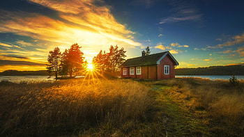 Ringerike, Norway, sunset, house, landscape, trees, clouds, colors, sun HD wallpaper