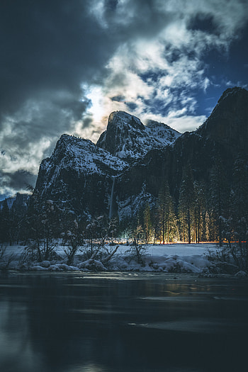 Nature, Trees, Mountains, Night, Snow, Night Landscape, Nightscape HD phone wallpaper