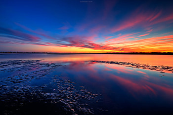 stunning sunset, blue, clouds, sky, lake, sunset HD wallpaper